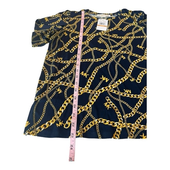 Michael Kors Split Neck Navy Gold Chain Top with Tulip Sleeve Size SP Casual - Picture 11 of 15